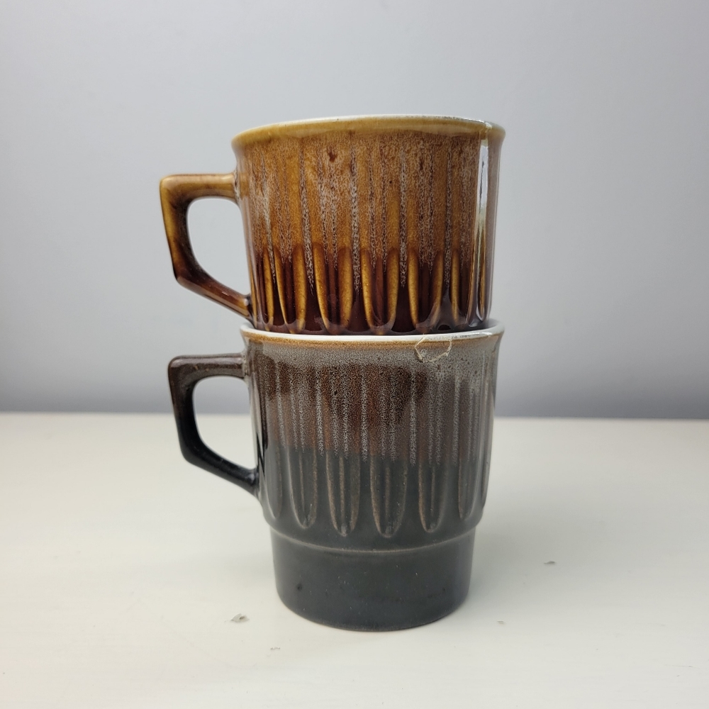 Vintage MCM Stacking Ceramic Brown Drip Glaze mug set Made in Japan